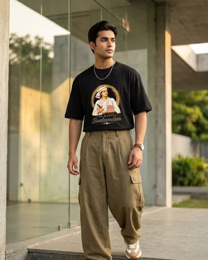 Unisex black stretch t-shirt featuring an artistic portrait print of Srimanta Sankaradeva with a feather pen, traditional attire, and a circular gold emblem.