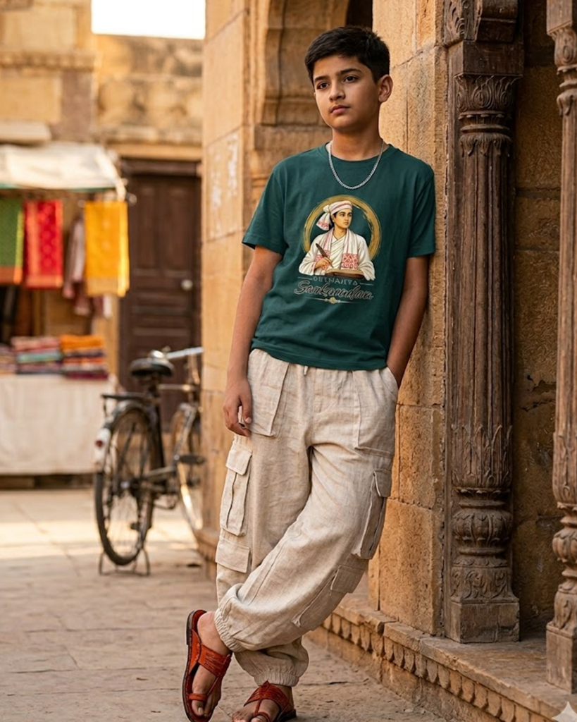 Boy's bottle green crew neck t-shirt featuring an artistic portrait print of Srimanta Sankaradeva with a feather pen, traditional attire, and a circular gold emblem.