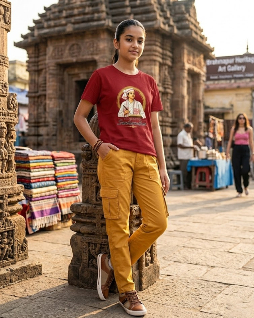 Young girl wearing a maroon red crew neck t-shirt featuring an artistic portrait print of Srimanta Sankardeva in a circular emblem.