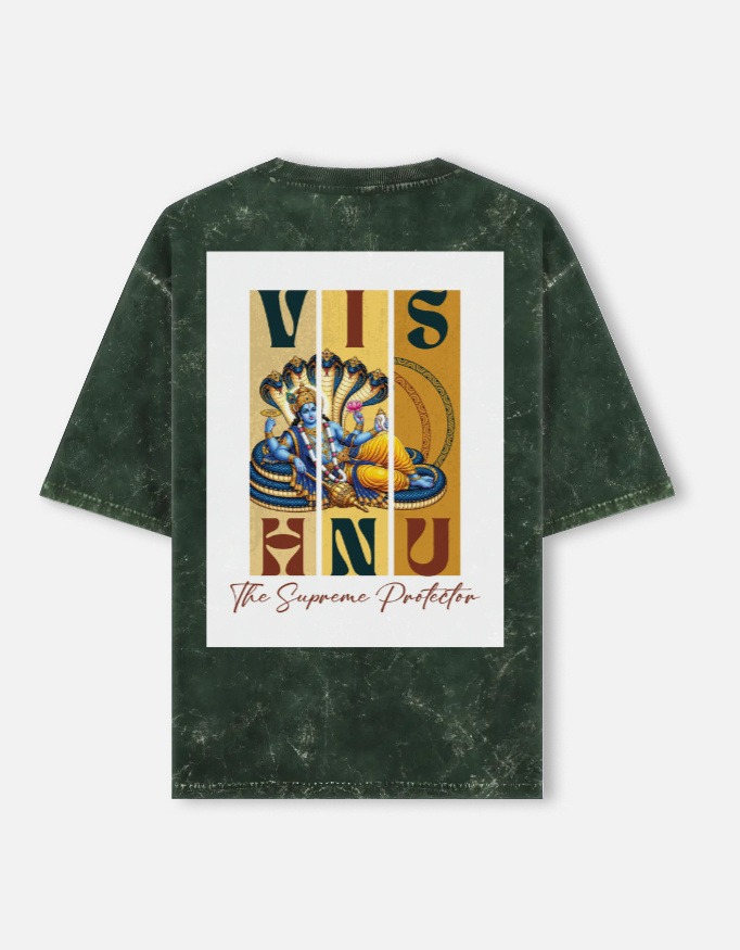 Unisex bottle green acid washed oversized t-shirt featuring a vintage Lord Vishnu graphic print on the back with the text "The Supreme Protector".