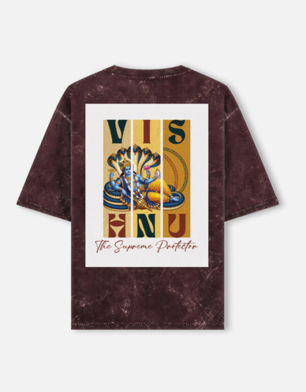 Unisex maroon acid washed oversized t-shirt featuring a vintage Lord Vishnu graphic print on the back with the text "The Supreme Protector".
