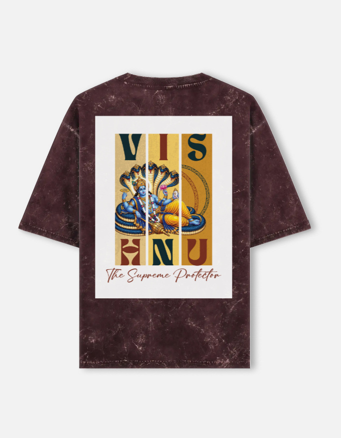 Unisex maroon acid washed oversized t-shirt featuring a vintage Lord Vishnu graphic print on the back with the text "The Supreme Protector".