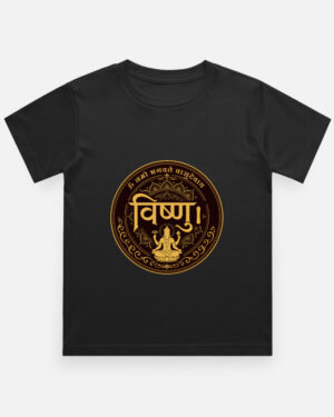 Boy's black regular fit crew neck t-shirt featuring a gold circular mandala print on the back with Lord Vishnu sitting on a lotus and the text "Om Namo Bhagavate Vasudevaya".