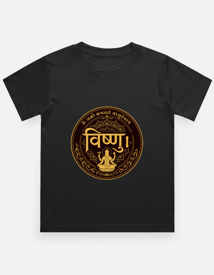 Boy's black regular fit crew neck t-shirt featuring a gold circular mandala print on the back with Lord Vishnu sitting on a lotus and the text "Om Namo Bhagavate Vasudevaya".