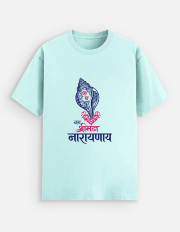 Unisex mint green stretch t-shirt with a detailed blue and pink Shankha conch shell graphic and "Jay Sriman Narayana" text printed on the back.