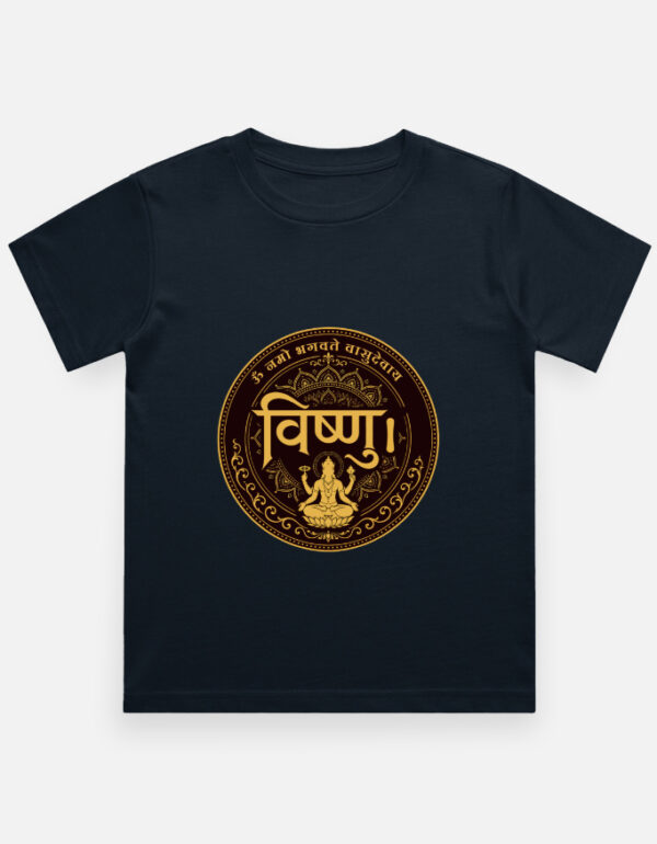 Boy's navy blue regular fit crew neck t-shirt featuring a gold circular mandala print on the back with Lord Vishnu sitting on a lotus and the text "Om Namo Bhagavate Vasudevaya".