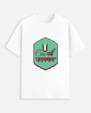 Unisex white stretch t-shirt featuring a green badge graphic print with "Om Namo Narayanaya" in Devanagari script, a tilak, and a peacock feather decoration.