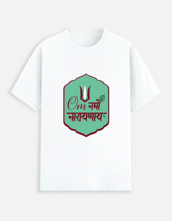Unisex white stretch t-shirt featuring a green badge graphic print with "Om Namo Narayanaya" in Devanagari script, a tilak, and a peacock feather decoration.