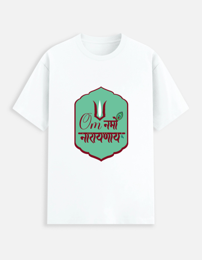 Unisex white stretch t-shirt featuring a green badge graphic print with "Om Namo Narayanaya" in Devanagari script, a tilak, and a peacock feather decoration.