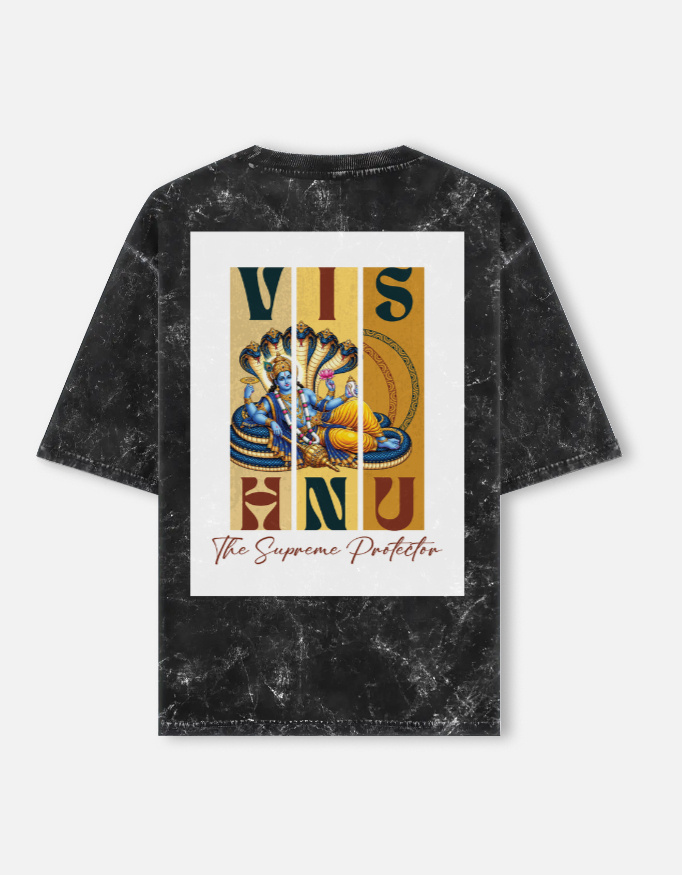 Black acid-wash t-shirt featuring a back graphic print of Lord Vishnu reclining on the serpent Shesha with the text Vishnu The Supreme Protector.