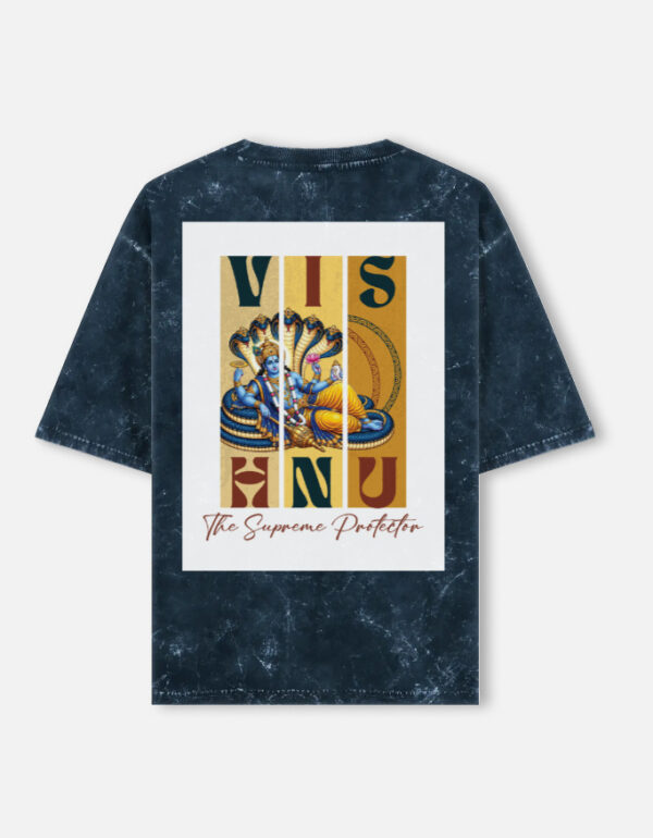 Unisex navy blue acid washed oversized t-shirt featuring a vintage Lord Vishnu graphic print on the back with the text "The Supreme Protector".
