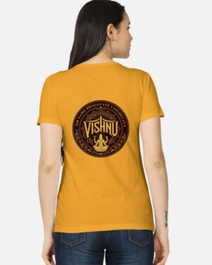 Back view of a woman wearing a golden yellow classic t-shirt featuring a circular brown emblem with Lord Vishnu seated on a lotus and the text "Om Namo Bhagavate Vasudevaya".