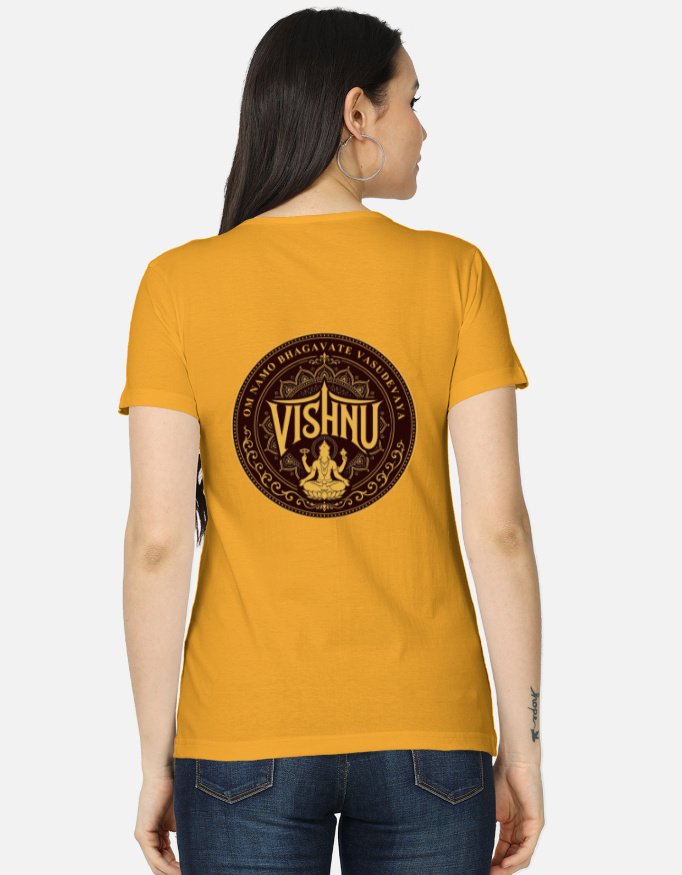 Back view of a woman wearing a golden yellow classic t-shirt featuring a circular brown emblem with Lord Vishnu seated on a lotus and the text "Om Namo Bhagavate Vasudevaya".