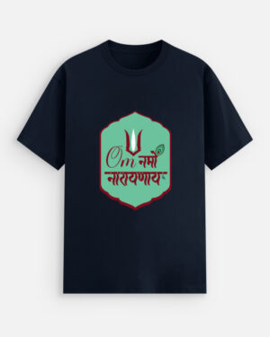 Unisex navy blue stretch t-shirt featuring a green badge graphic print with "Om Namo Narayanaya" in Devanagari script, a tilak, and a peacock feather decoration.