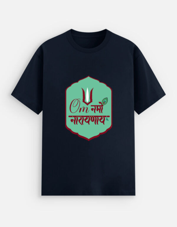 Unisex navy blue stretch t-shirt featuring a green badge graphic print with "Om Namo Narayanaya" in Devanagari script, a tilak, and a peacock feather decoration.