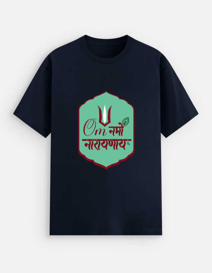 Unisex navy blue stretch t-shirt featuring a green badge graphic print with "Om Namo Narayanaya" in Devanagari script, a tilak, and a peacock feather decoration.