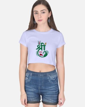Woman wearing a lavender crop top featuring a spiritual Devanagari "Shree Mukund" graphic print on the front with tilak and peacock feather motifs.