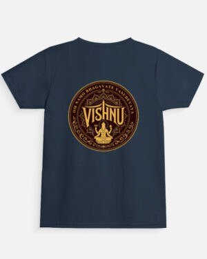 Girl's navy blue regular fit crew neck t-shirt featuring a gold circular mandala print on the back with Lord Vishnu sitting on a lotus and the text "Om Namo Bhagavate Vasudevaya".
