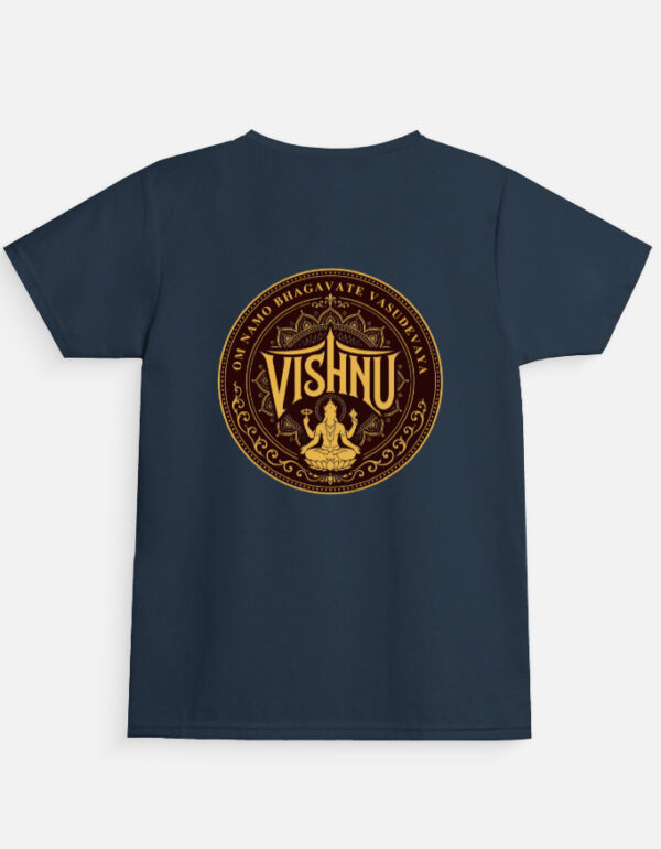 Girl's navy blue regular fit crew neck t-shirt featuring a gold circular mandala print on the back with Lord Vishnu sitting on a lotus and the text "Om Namo Bhagavate Vasudevaya".