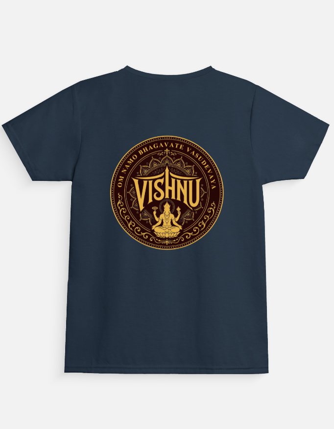Girl's navy blue regular fit crew neck t-shirt featuring a gold circular mandala print on the back with Lord Vishnu sitting on a lotus and the text "Om Namo Bhagavate Vasudevaya".