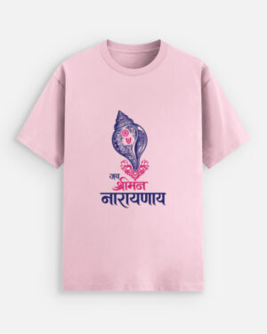 Unisex light baby pink stretch t-shirt with a detailed blue and pink Shankha conch shell graphic and "Jay Sriman Narayana" text printed on the back.
