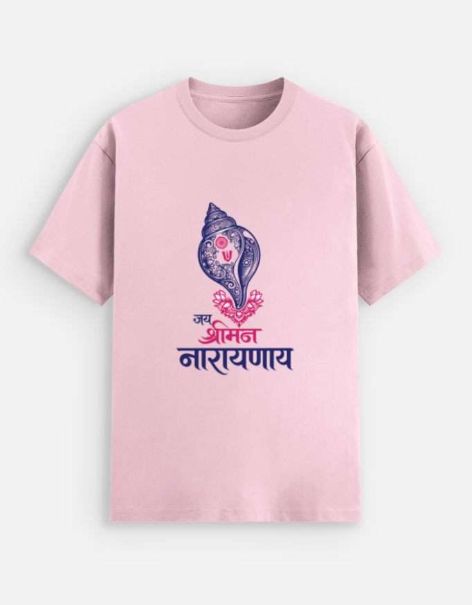 Unisex light baby pink stretch t-shirt with a detailed blue and pink Shankha conch shell graphic and "Jay Sriman Narayana" text printed on the back.
