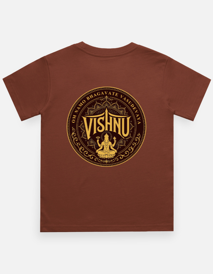 Boy's coffee brown regular fit crew neck t-shirt featuring a gold circular mandala print on the back with Lord Vishnu sitting on a lotus and the text "Om Namo Bhagavate Vasudevaya".