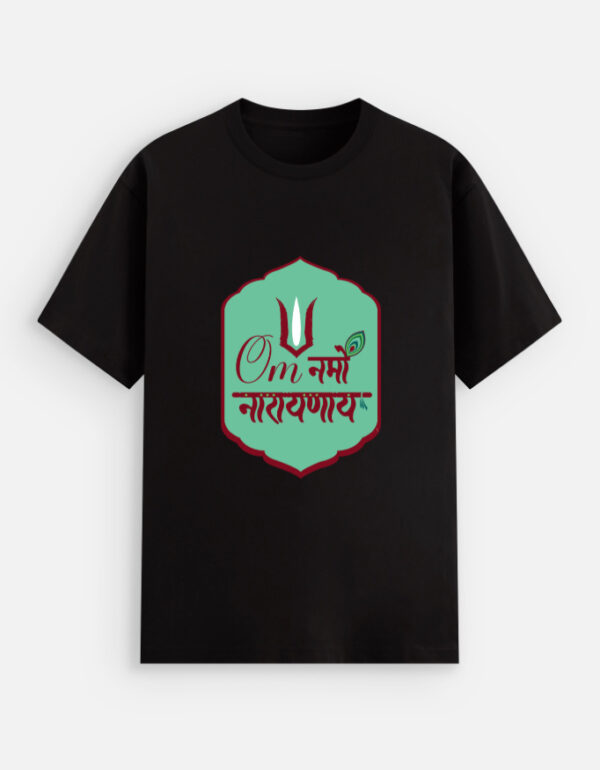 Unisex black stretch t-shirt featuring a green badge graphic print with "Om Namo Narayanaya" in Devanagari script, a tilak, and a peacock feather decoration.