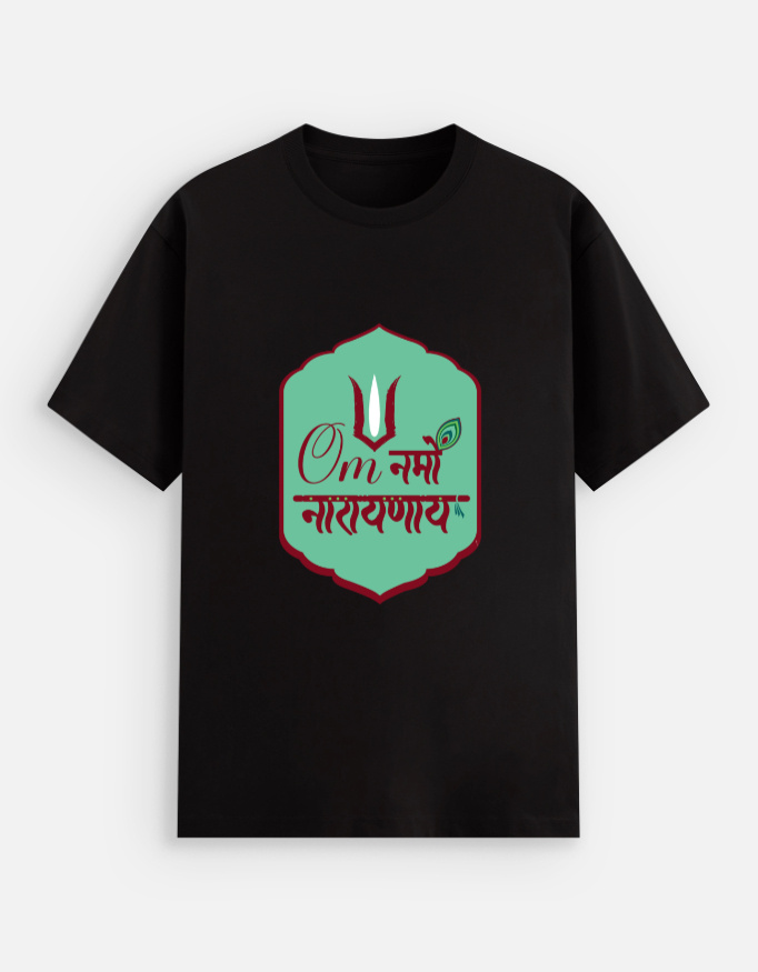 Unisex black stretch t-shirt featuring a green badge graphic print with "Om Namo Narayanaya" in Devanagari script, a tilak, and a peacock feather decoration.