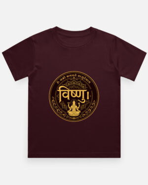 Boy's maroon regular fit crew neck t-shirt featuring a gold circular mandala print on the back with Lord Vishnu sitting on a lotus and the text "Om Namo Bhagavate Vasudevaya".