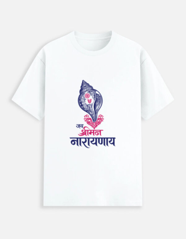 Unisex white stretch t-shirt with a detailed blue and pink Shankha conch shell graphic and "Jay Sriman Narayana" text printed on the back.