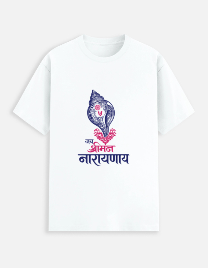 Unisex white stretch t-shirt with a detailed blue and pink Shankha conch shell graphic and "Jay Sriman Narayana" text printed on the back.