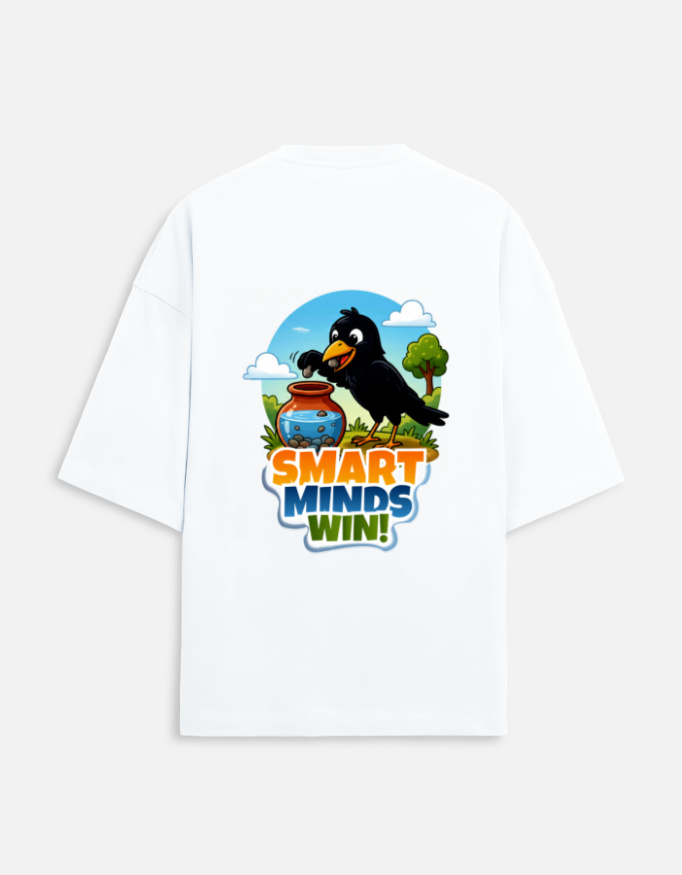 Unisex white terry oversized t-shirt featuring a colorful cartoon graphic on the back of a thirsty crow putting pebbles into a water pot with "Smart Minds Win!" text.