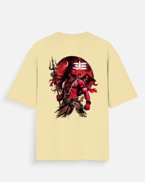 Unisex beige oversized t-shirt featuring a powerful red and black Lord Shiva graphic print on the back holding a Trishul against a red moon.