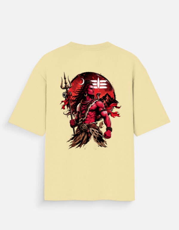 Unisex beige oversized t-shirt featuring a powerful red and black Lord Shiva graphic print on the back holding a Trishul against a red moon.