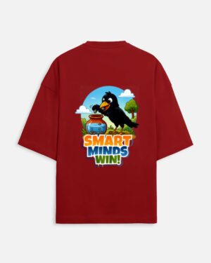 Unisex red terry oversized t-shirt featuring a colorful cartoon graphic on the back of a thirsty crow putting pebbles into a water pot with "Smart Minds Win!" text.