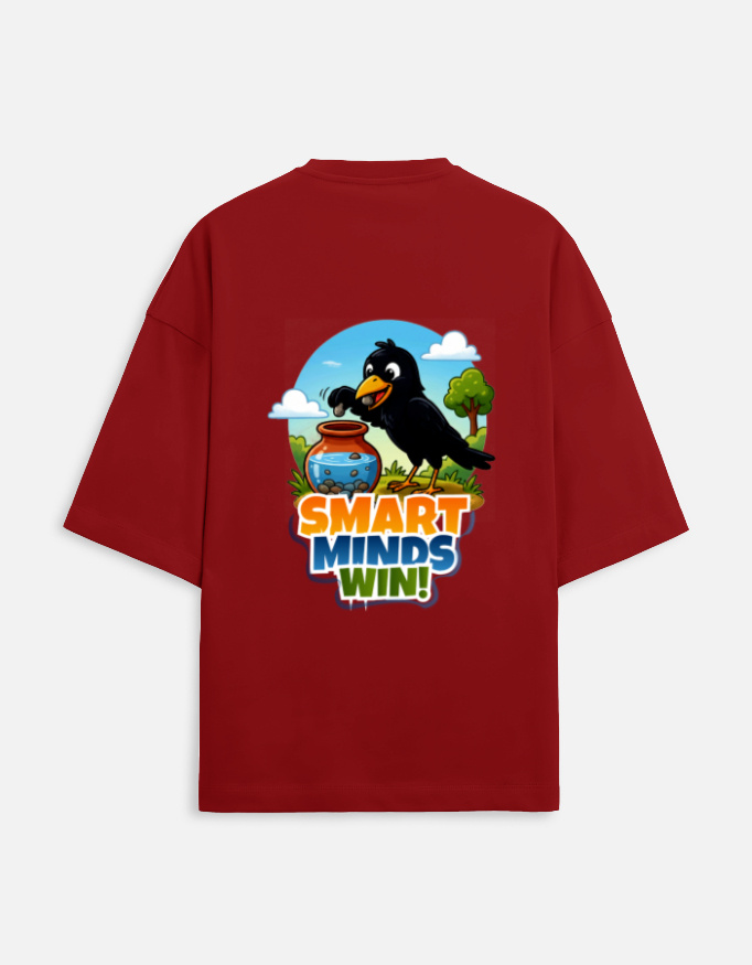 Unisex red terry oversized t-shirt featuring a colorful cartoon graphic on the back of a thirsty crow putting pebbles into a water pot with "Smart Minds Win!" text.