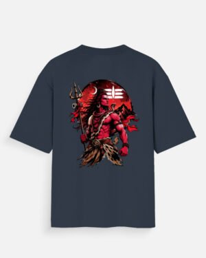 Unisex navy blue oversized t-shirt featuring a powerful red and black Lord Shiva graphic print on the back holding a Trishul against a red moon.