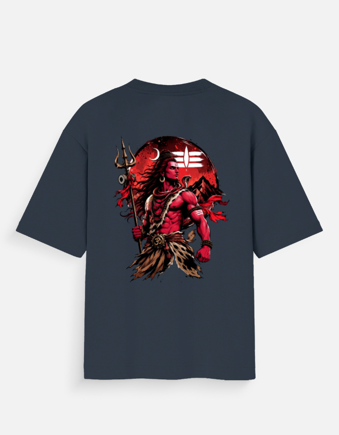 Unisex navy blue oversized t-shirt featuring a powerful red and black Lord Shiva graphic print on the back holding a Trishul against a red moon.