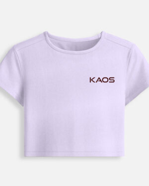 Lavender fitted baby tee featuring a minimalist black "KAOS" text logo printed on the chest.