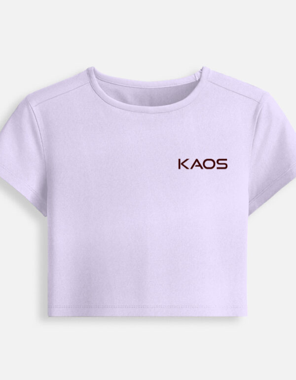 Lavender fitted baby tee featuring a minimalist black "KAOS" text logo printed on the chest.