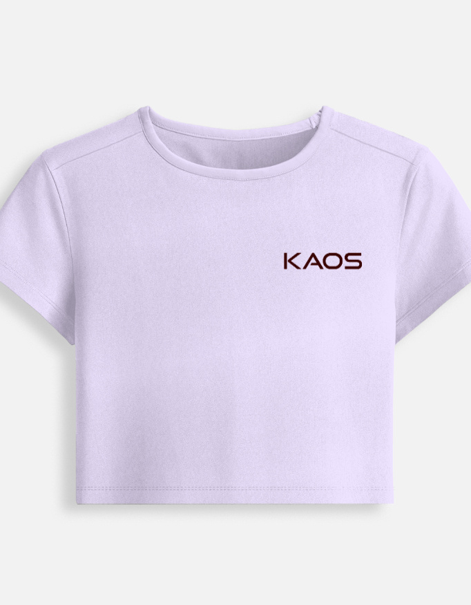 Lavender fitted baby tee featuring a minimalist black "KAOS" text logo printed on the chest.