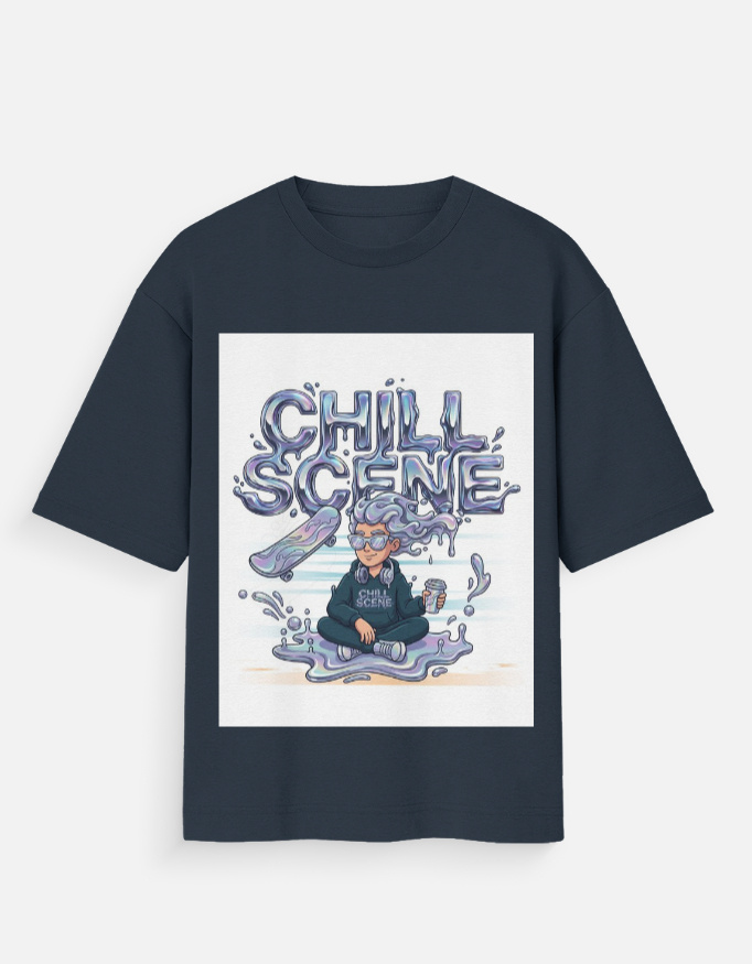 Unisex navy blue oversized t-shirt with a vibrant liquid metallic "Chill Scene" graphic featuring a character meditating with a skateboard.