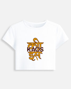 White fitted baby tee featuring a yellow Devanagari script typography graphic on the front with "KAOS" printed across it.