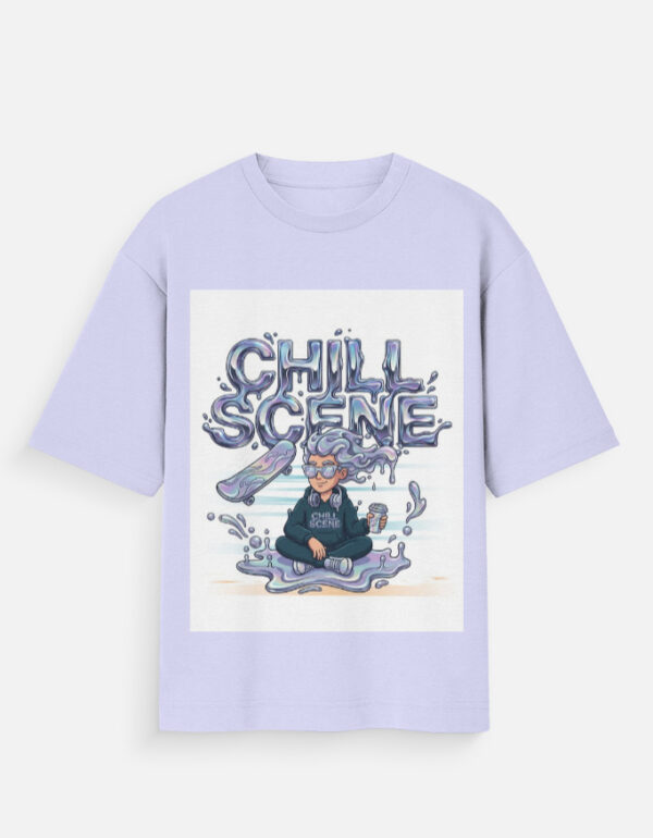Unisex lavender oversized t-shirt with a vibrant liquid metallic "Chill Scene" graphic featuring a character meditating with a skateboard.