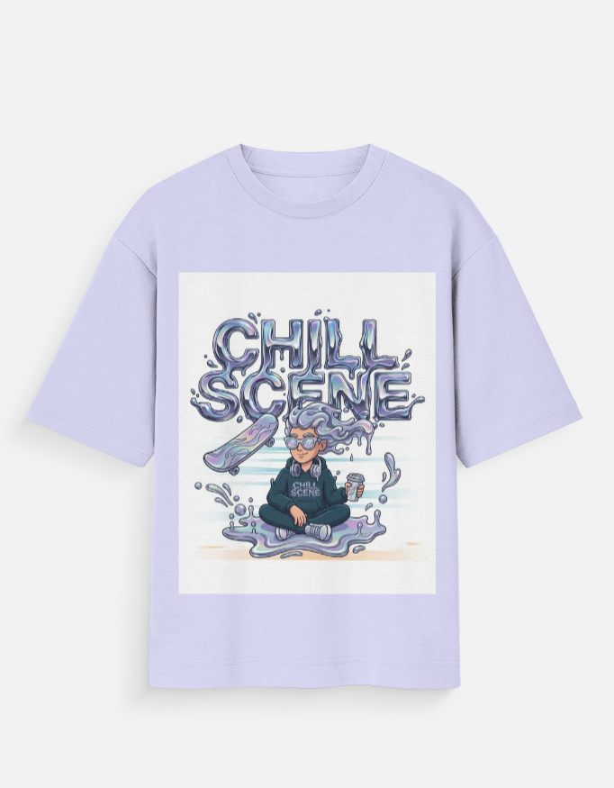 Unisex lavender oversized t-shirt with a vibrant liquid metallic "Chill Scene" graphic featuring a character meditating with a skateboard.