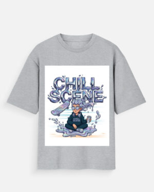Unisex grey melange oversized t-shirt with a vibrant liquid metallic "Chill Scene" graphic featuring a character meditating with a skateboard.