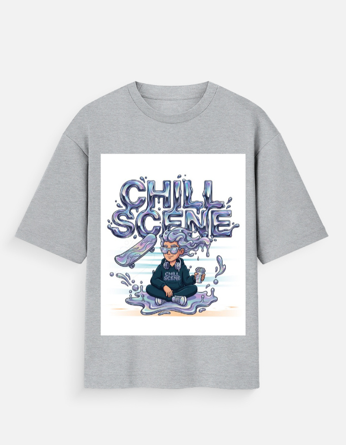 Unisex grey melange oversized t-shirt with a vibrant liquid metallic "Chill Scene" graphic featuring a character meditating with a skateboard.