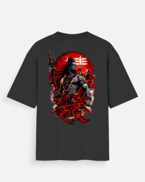 Unisex black oversized t-shirt featuring a dark-skinned Lord Shiva graphic print on the back with "Rudra" written in red Devanagari script.