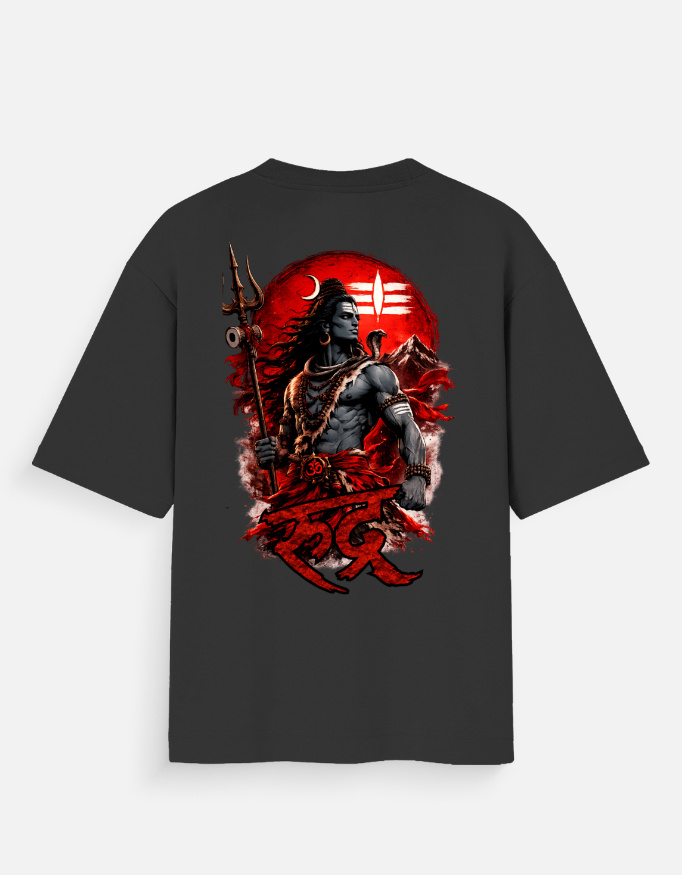 Unisex black oversized t-shirt featuring a dark-skinned Lord Shiva graphic print on the back with "Rudra" written in red Devanagari script.